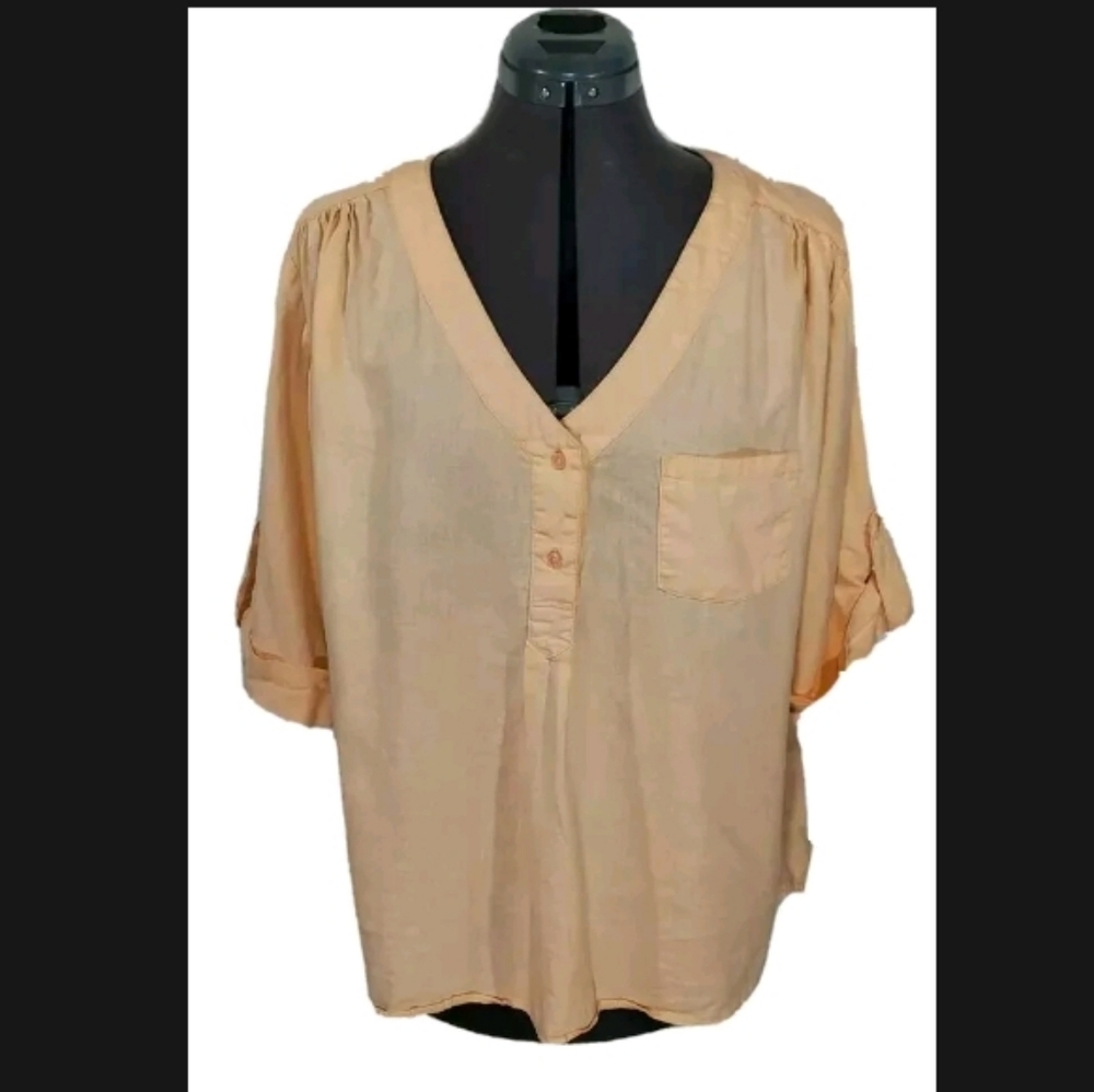 Sandro Linen Blend Henley Top Plus Size 1X Peach